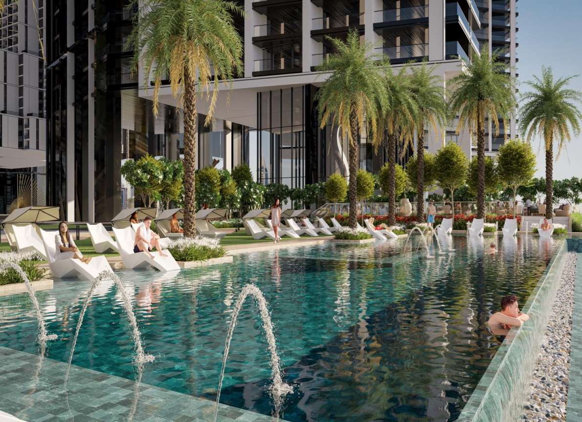 Widok z apartamentu na część wspólną i basen